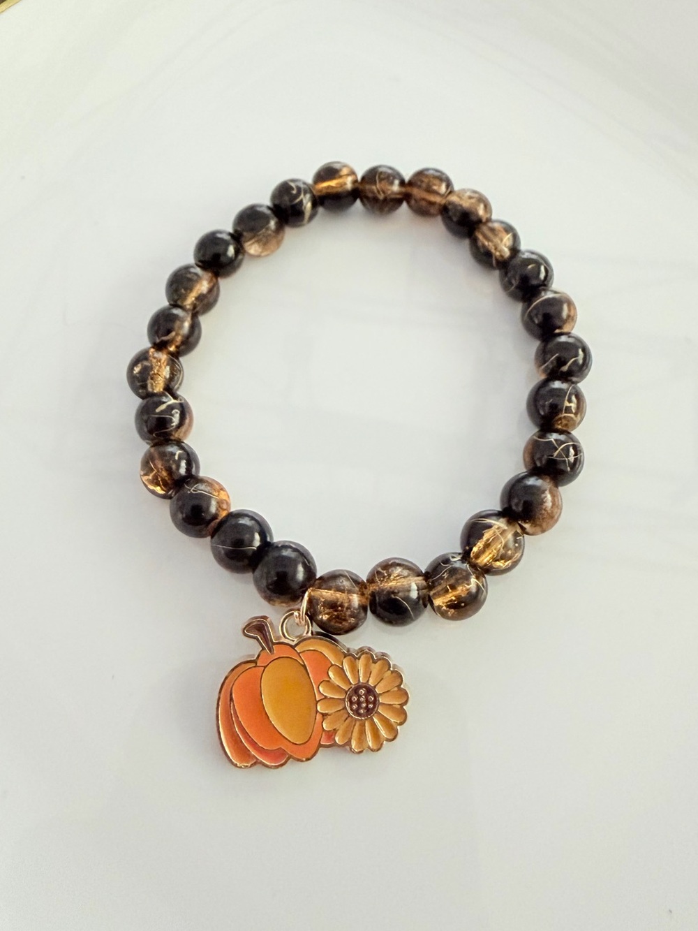 Orange Pumpkin & Sunflower Charm Beaded Bracelet Handmade Jewelry